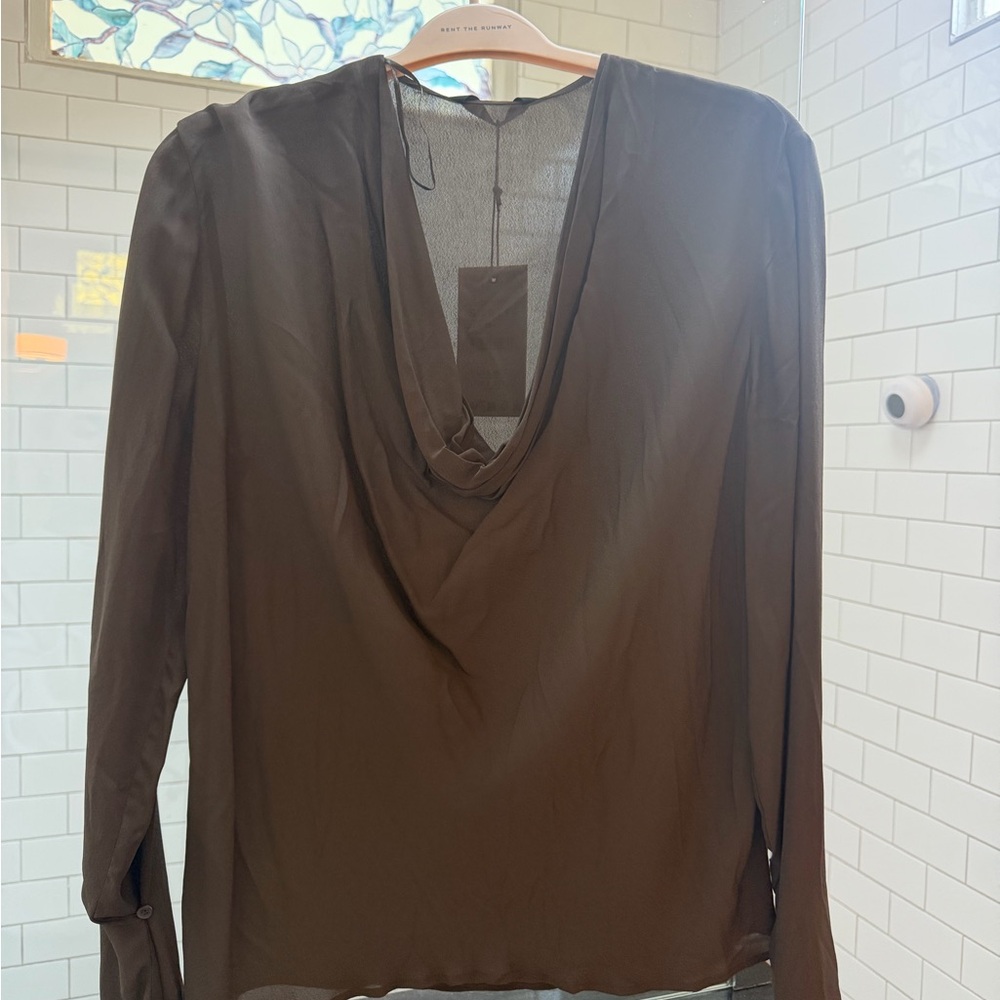 Zara Brown Draped V-Neck Long-Sleeve Blouse
